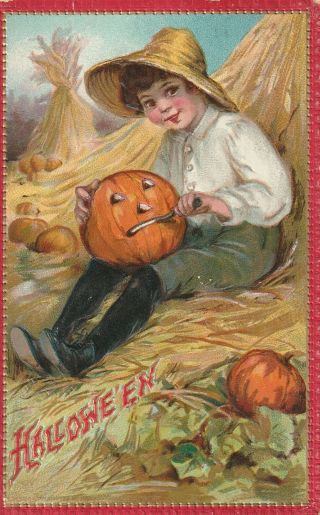 1910 Tucks Halloween Postcard Boy Carving Pumpkins Germany Emboss