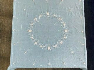Vintage Tablecloth Light Blue Linen Embroidered White Flowers 43 " X 45 " Repair