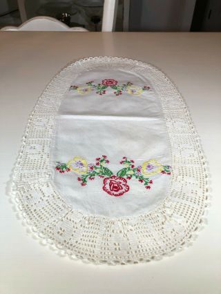 Vintage Hand Embroidered Oval Dresser Scarf/runner,  Red And Yellow Flowers