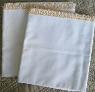 Set Of 2 Vintage White Pillowcases With Yellow & White Tatted Edges