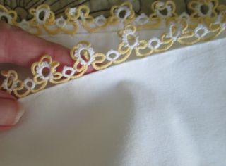 SET OF 2 VINTAGE WHITE PILLOWCASES WITH YELLOW & WHITE TATTED EDGES 3