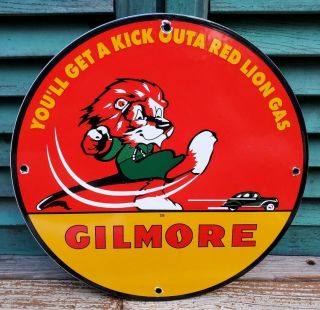 Vintage Gilmore Gasoline Porcelain Red Lion Service Station Pump Plate Sign