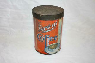 Vintage Serv - Us Brand Coffee Tin Can 1lb Red & White Corp Chicago 1920 