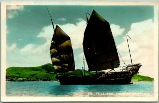 Vintage Hong Kong Asia Rppc Tinted Real Photo Postcard " Full Sail Fishing Boat "