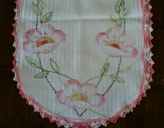 Vintage Linen Embroidered Table Runner Dresser Scarf Pink Flowers & Edge Bonus