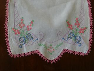 Vintage Floral Embroidered Table Runner / Dresser Scarf W/ Pink Crochet Trim
