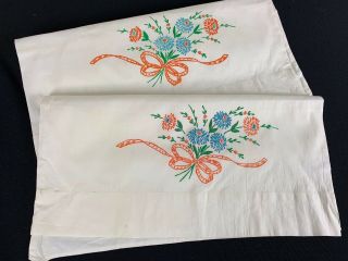 Vintage White Cotton Pillowcases With Stamped Painted Embroidery Flowers