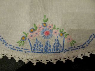 Vintage Hand Embroidered Pink & Blue Flowers Linen Table Runner.  Dresser Scarf