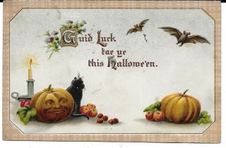 Vintage Embossed Halloween Postcard 1911 Brownish Pumpkins,  Black Cat And Bats