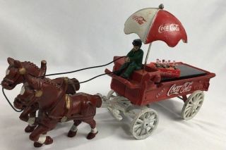 Vintage Cast Iron Coca Cola Horse Drawn Wagon Driver Umbrella 1 Crate 7 Bottles