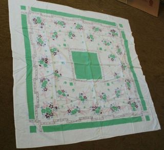 14 Vintage Tablecloth Cream Green Flower Print 44 " X 45 "