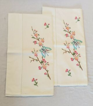 Pair Vintage Off White Hand Embroidered Pillow Cases Blue Butterfly Pink Flowers