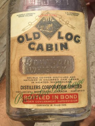 Vintage Old Log Cabin Bourbon Whiskey Bottle Full Paper Label