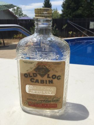 Vintage Old Log Cabin Bourbon Whiskey Bottle Full Paper Label 2