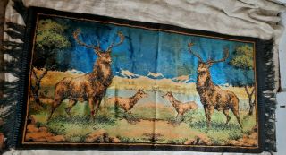 Vintage Velvet Velour Deer Elk Tapestry Rug Wall Hanging 35 X 20 Fringe