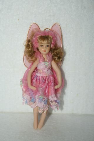 Hand Craft Porcelain Poseable Wing Fairy Doll Ornament 5 - 1/4 " Tall Blonde Pink