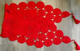 Vintage Hand Crocheted Table Runner Or Dresser Scarf,  Polyester,  Red