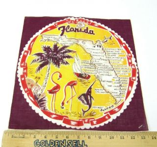 Vintage Florida State Map Souvenir Linen Tea Towel Display Square Palm Tree