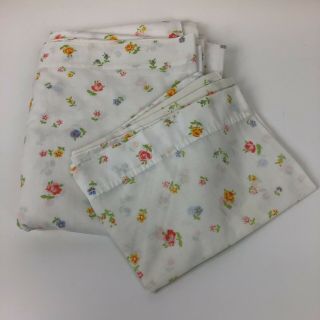 Vtg 2 Pc Set Full Flat & Pillowcase Perma Prest Yellow Floral Flower Bed Sheets