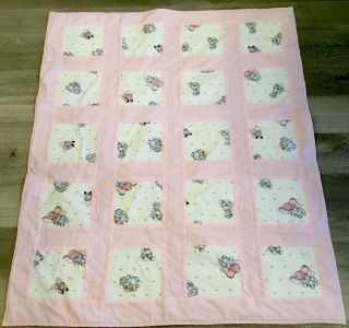 Patchwork Crib Quilt,  Hand Made,  Squares,  Dolls,  Teddy Bears,  Pink,  White,  Blue