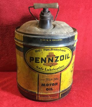 Vintage Pennzoil " The Tough Film " Motor Oil 5 Gallon Metal Can W/ Wood Handle