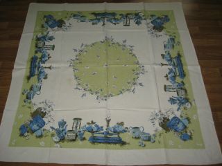 Vintage Mid Century Early American Design Tablecloth Blue Green