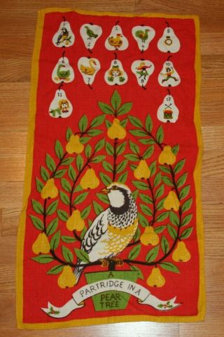 Vintage Partridge In Pear Tree Linen Tea Towel 12 Days Of Christmas Images 15x27