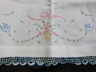 Vtg Hand Embroidered Runner Blue Birds Floral Bow Crochet Extra Long 17 " X 65 "