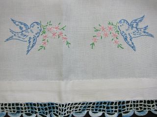 VTG Hand Embroidered Runner Blue Birds Floral Bow Crochet Extra Long 17 