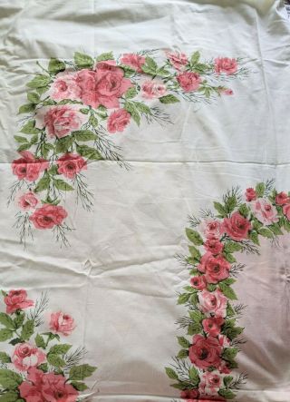 Vintage 1950s 60s Pink Green Rose Floral Print Cotton Tablecloth 62 X 70 Cutter