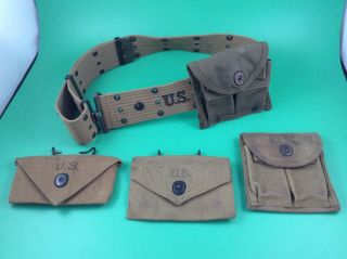 Wwii Us Army Khaki Web Pistol Belt (2) Ammo (2) Medical First Aid Pouch