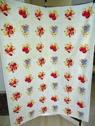 Vintage 1950s Bright Red & Blue Fruit Print White Cotton Tablecloth 48 " X 64 "
