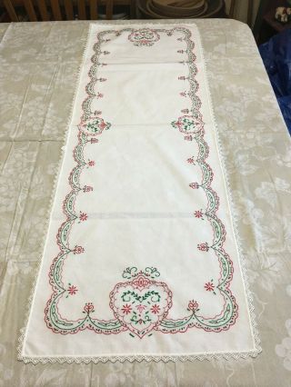 Vintage Linens Hand Embroidered Table Runner Dresser Scarf Christmas Colors