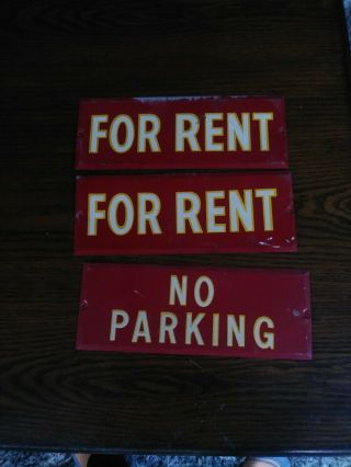 2 Vintage Red Metal And 1 No Parking Sign,  3 1/2 " X 9 1/4 ", .