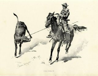Frederic Remington Cowboy On Horseback Roping A Calf Saddle Chaps Reins Cowboy