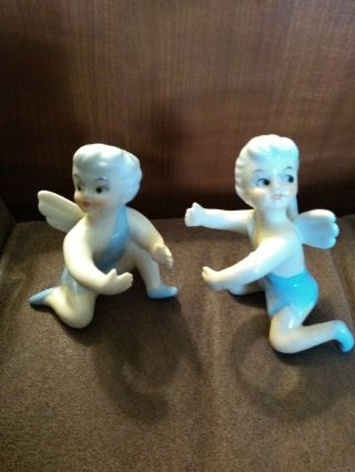 Pair Vintage Pixie/angel/cherub Candle Hugger Holder Ceramic Opalescent Japan