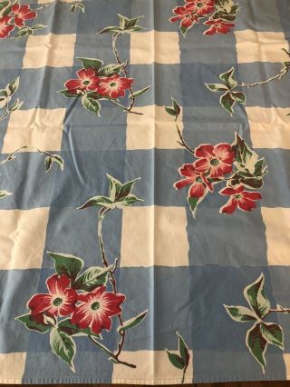 Small Vintage Red,  White & Light Blue Cotton Floral Tablecloth 34” X 32”