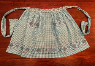Vintage Cotton Half Apron Blue/white Gingham Red/black Cross Stitch Pockets