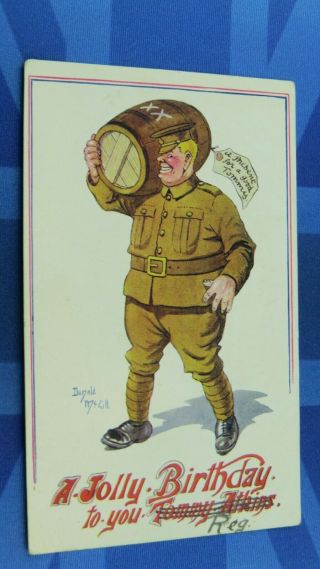 Ww1 Donald Mcgill Military Comic Postcard 1914 1918 Jolly Birthday Beer Barrel