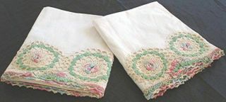 Pr Vtg White Cotton Pillow Cases Pink Green Floral Crochet Inserts Edging