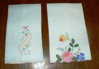 Vintage Linen Tea Towels With Hand Embroidery And Appliques
