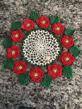 Vtg Handmade Hand Knit Crochet Knit Floral Doily 3d Rose Red White Yellow Green