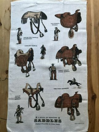 Vintage Linen Tea Towel A Study Of Western Saddles Cowboy Horse R.  Batchelder