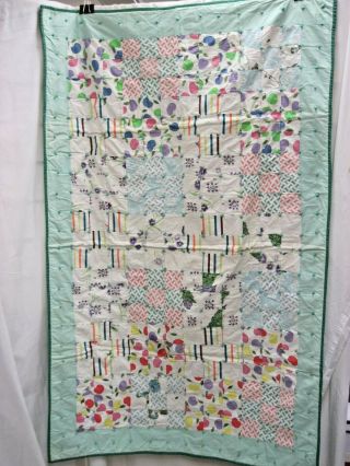 Vintage Handmade Nine Patch Scrappy Quilt Hand Tied 39 " X 60 " Pastels Reversible