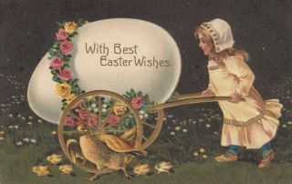 Easter,  1900 - 10s; Girl Pushing Egg In Wagon,  Hen With Chicks Running,  Pfb 7590