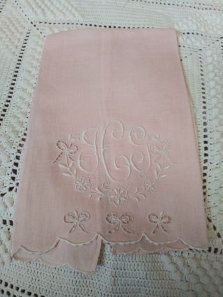 Madeira Bow Cutwork & Embroiderd Fine Pink Linen Hand Towel 20 X 13 "