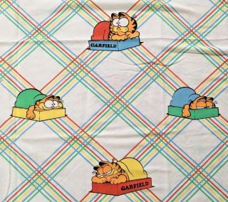 1978 Vintage Jim Davis Garfield Cat Twin Flat Bed Sheet,  Red Blue Green Yellow