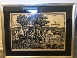 Birger Sandzen.  Framed Pencil - Signed Linocut Print " Sunshine Creek "