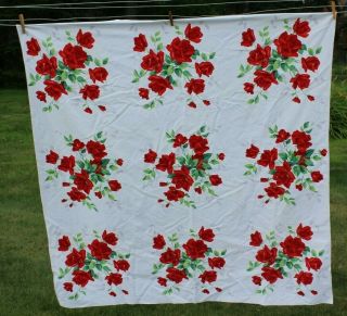 Vintage Wilendur Tablecloth - Red Roses Flower Bunches Design 52x54