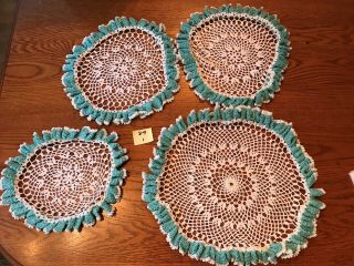 Set Of 4 Vintage Hand Crocheted Round Cotton Doilies Same Pattern Turquoise